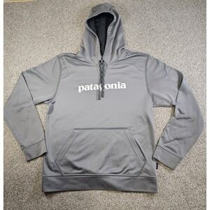 Patagonia Hoodie MED Grey Logo Polycycle Sweatshirt Kangaroo Pullover A6